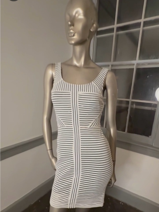 bebe Dresses & Skirts - bebe Black White Striped Bodycon Midi Dress | Illusion Panel | Small